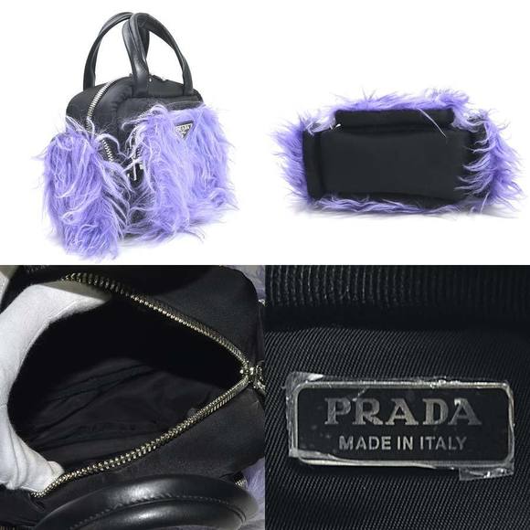 Prada Purple Fur Black Nylon 2Way Leather Triangle Handbag - Picture 1 of 3